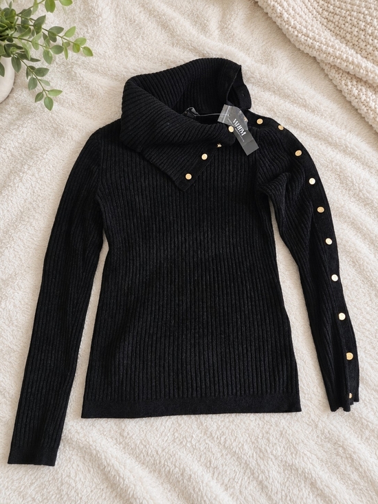 White House Black Market Sweaters - WHBM Black Ribbed Chenille Turtleneck Sweater  Gold Button Detail